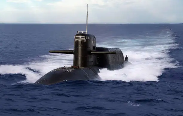 Navel nuclear submarine cruising on open sea