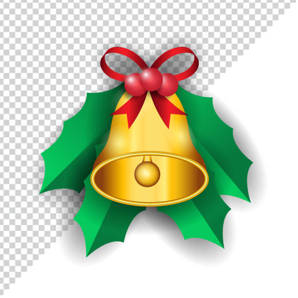 weihnachtsglocke mit blatt-, band- und beerenelement-designvektor - bell frame ribbon vector stock-grafiken, -clipart, -cartoons und -symbole