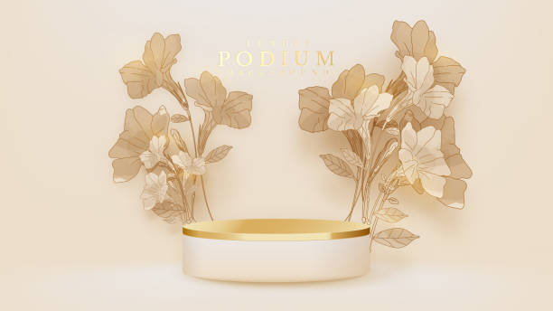 istock Realistic white product podium showcase with watercolor style hand drawn flowers and glitter effects elements. 1353739770
