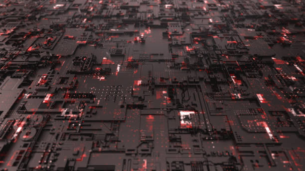 istock Red futuristic CPU on board 3D rendering illustration 1353741351