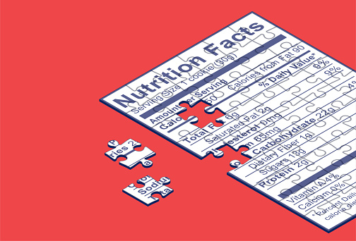 Vector illustration of a nutrition facts label, processed food label in a form of a puzzle with a few missing puzzle pieces. Counting calories, diet, weight loss concept illustration in isometric projection.