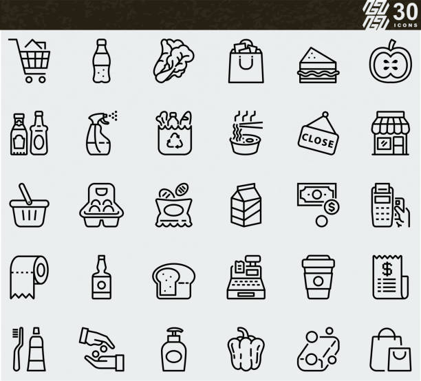 ilustrações de stock, clip art, desenhos animados e ícones de supermarket line icons - saco objeto manufaturado ilustrações