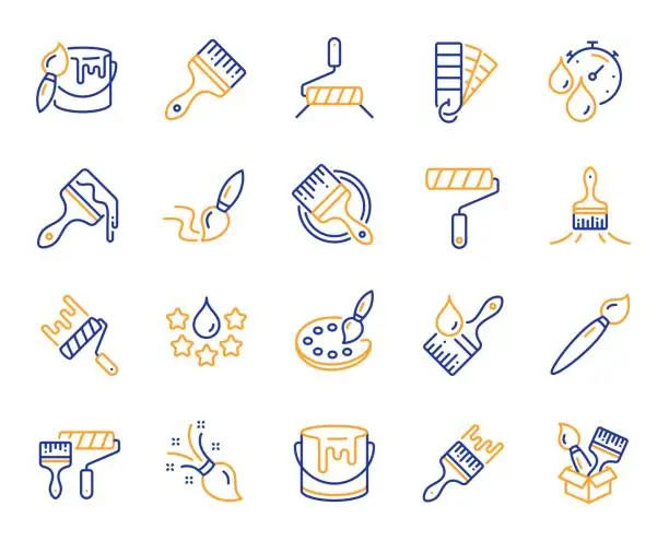 Vector illustration of Paint brushes line icons. Color palette, Paint tin, Roller icons. Vector