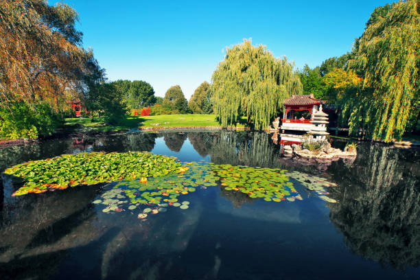 Berlin, Germany - 03 october 2021: Garten der Welt (Garden of world), Berlin, japanese red lake house