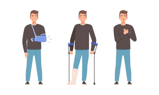 Vector illustration of Young Man Suffering from Different Pain on Crutches and with Broken Arm Vector Set