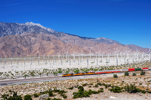 The view of a wind farm and railroad in the Coachella Valley, CA.