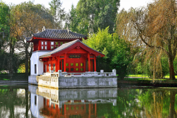 Berlin, Germany - 03 october 2021: Garten der Welt (Garden of world): Berlin, japanese red lake house