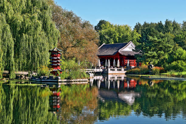 Berlin, Germany - 03 october 2021: Garten der Welt (Garden of world): Berlin, japanese red lake house