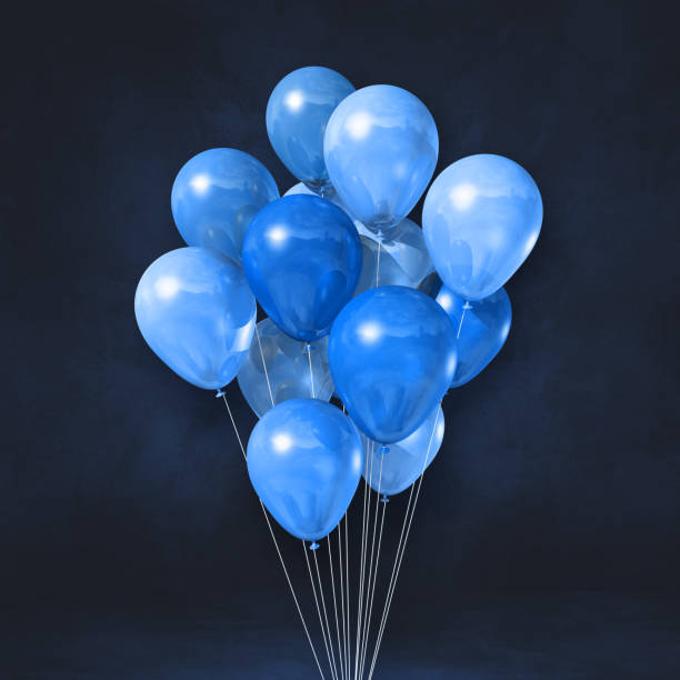 istock Blue balloons bunch on a black wall background 1353744866