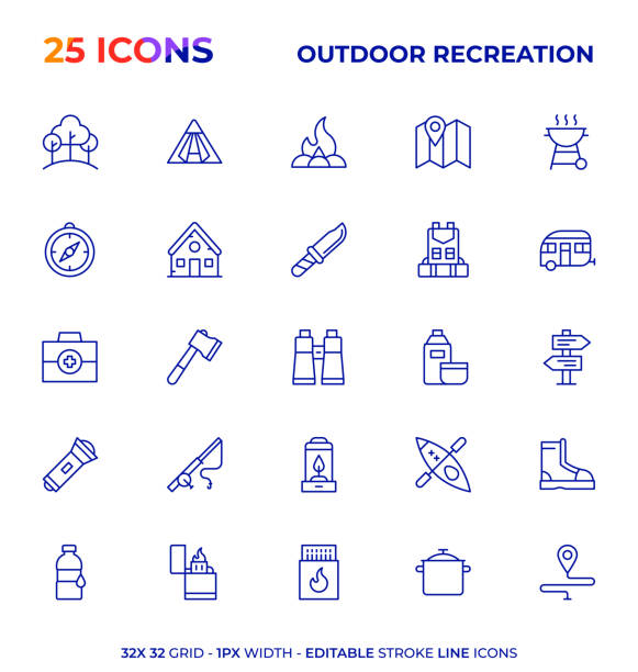 Outdoor Recreation Editable Stroke Line Icon Series Outdoor Recreation Vector Style Editable Stroke Line Icon Set grill rods stock illustrations