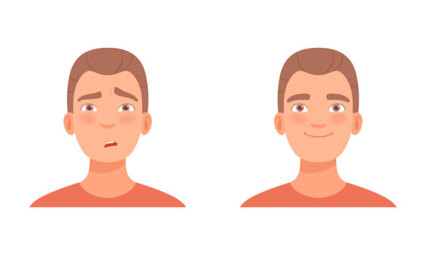 ilustraciones, imágenes clip art, dibujos animados e iconos de stock de cabeza de hombre con sonrisa y jadeo como conjunto de vectores de expresión facial - gasping