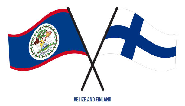 флаги белиза и финляндии скрещенные и развевающиеся в плоском стиле. официальная пропорция. правильные цвета. - flag of belize stock illustrations