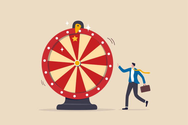 ilustrações de stock, clip art, desenhos animados e ícones de life depend on luck, fortune wheel randomness, chance and opportunity to get new job, investment winning or gambling concept, excite businessman looking at spinning fortune wheel waiting for luck. - fado