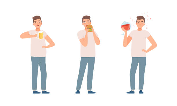 illustrazioni stock, clip art, cartoni animati e icone di tendenza di giovane uomo che ha cattive abitudini bere alcolici e mangiare hamburger vector set - man eating