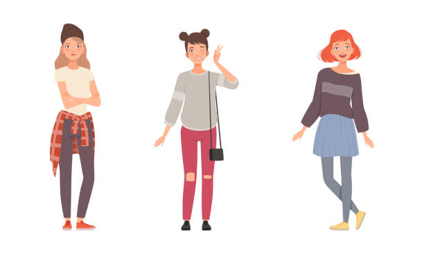 Teenager Girl Dressed in Casual Wear Standing with Folded Arms and Showing V Sign Gesture Vector Set Teenager Girl Dressed in Casual Wear Standing with Folded Arms and Showing V Sign Gesture Vector Set. Young Smiling Female Juvenile as Modern Student Concept groups of teens stock illustrations