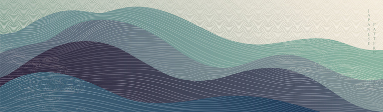 Japanese background with line wave pattern vector. Abstract art banner with geometric pattern. Mountain and ocean sea object in vintage style.