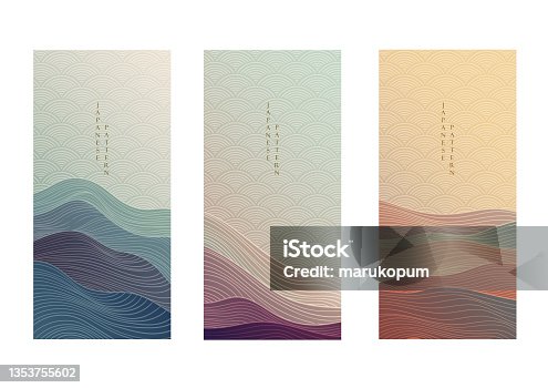 istock Japanese background with line wave pattern vector. Abstract art invitation card with geometric pattern. Mountain and ocean object in style. 1353755602