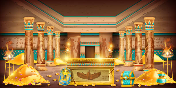 Egypt pharaoh tomb game background, ancient temple interior, secret treasure room, gold coin pile. Old civilization palace sarcophagus, stone column, jewelry chest, mural hieroglyphs. Egypt tomb egyptian palace stock illustrations