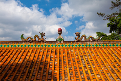 two dragon and one pearl, chinese style roof, white cloud and blue sky