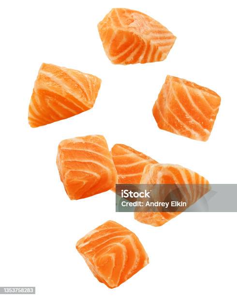 Falling Raw Salmon Fish Isolated On White Background Clipping Path Full Depth Of Field Stock Photo - Download Image Now