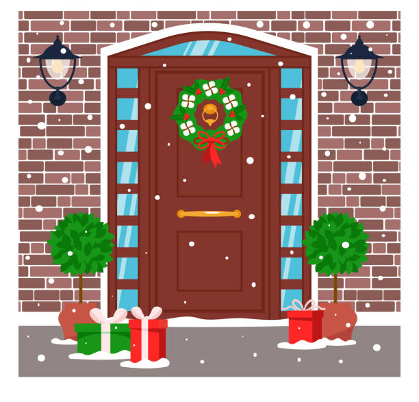 drzwi wejściowe urządzone są w świątecznym stylu na boże narodzenie i nowy rok. ceglana ściana, lampy, wieniec, pudełka upominkowe i śnieg. ilustracja wektorowa w płaskim stylu - new year wall door decoration stock illustrations