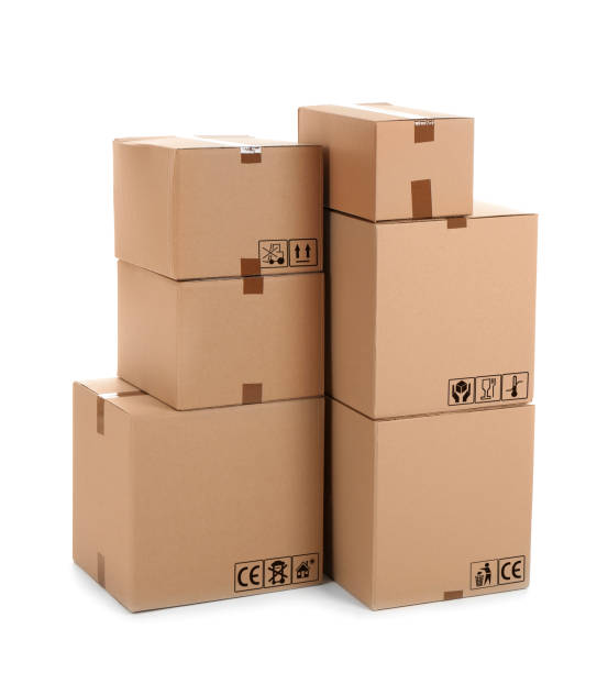 istock Parcel delivery. Cardboard boxes with different packaging symbols on white background 1353759955