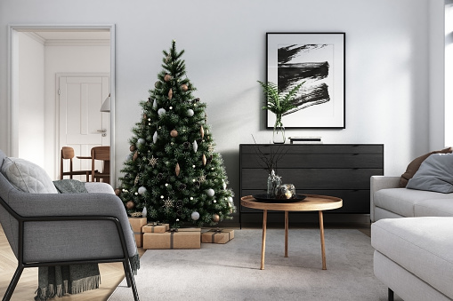 Christmas Tree In living room - 3d render beige, brown and orange colored furniture and wooden elements