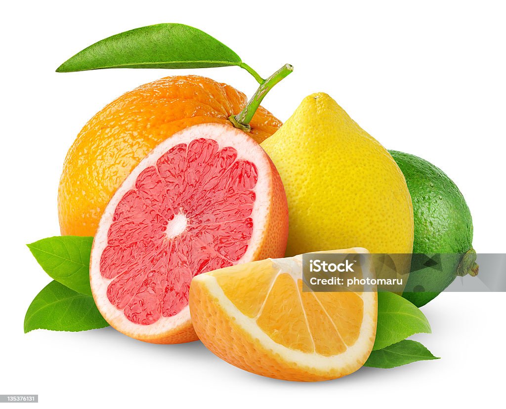 Citrus fruits Orange, lemon, pink grapefruit and lime isolated on white. Citrus Fruit Stock Photo