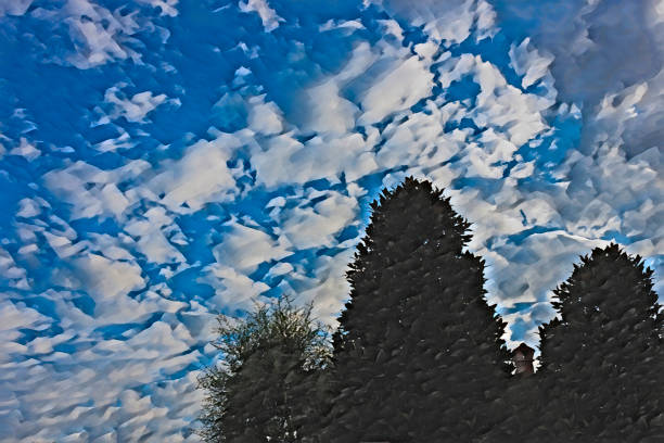 Blue sky with clouds and silhouette of trees, it looks like a Magritte