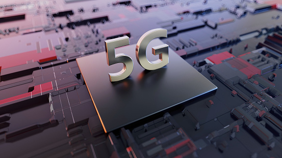 5G mobile technology circuit 3D scene with dark colors designed in Cinema 4D software.