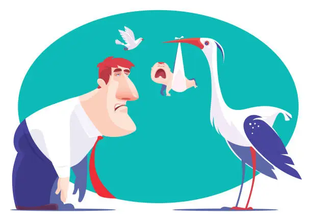 Vector illustration of stork delivering crying baby to sad businessman