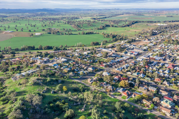 Rural Township - Cowra NSW Australia Aerial view of rural township of Cowra in the central west of NSW Australia. This town is surrounded with prime agricultural land. cowra stock pictures, royalty-free photos & images