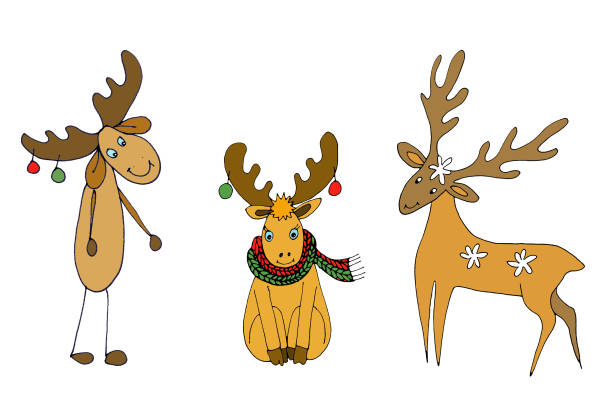 istock Set of three Christmas deer and elk, graphic color sketch isolated on white background 1353763336