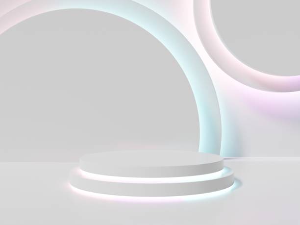 istock 3D Rendering White Room Studio Shot Product Display Background with Geometric Shapes and Iridescent LED Platforms for Whitening Beauty, Cosmetics or Health Care Whitening Products. 1353764160