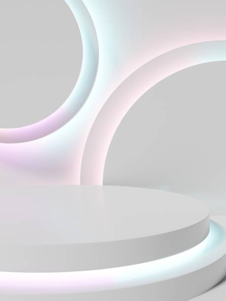 istock 3D Rendering White Room Studio Shot Product Display Background with Geometric Shapes and Iridescent LED Platforms for Whitening Beauty, Cosmetics or Health Care Whitening Products. 1353764164