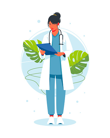 The woman doctor with a stethoscope reviewing, analyzes the treatment report, patient's condition or laboratory test report. Checklist on health information of diagnosis. Vector illustration