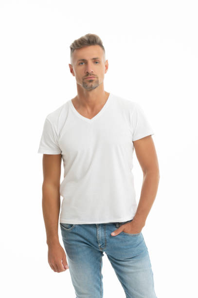 istock Keep it simple. Serious man isolated on white. Handsome man in white tshirt. Caucasian guy 1353764825