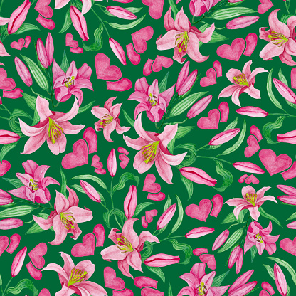 Seamless pattern. Watercolour, hand drawn illustration. Happy Valentines Day, pink lilies, pink heart, green background.
