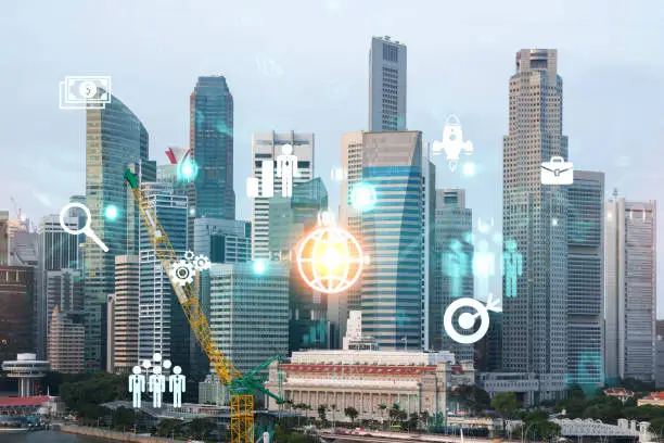 Photo of Research and development hologram over panorama city view of Singapore, hub of new technologies to optimize business in Asia. Concept of exceeding opportunities. Double exposure.