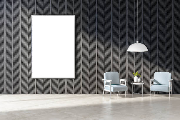 istock Modern concrete living room interior with sunlight, armchairs and coffee table, empty white mock up poster on wall. Lifestyle concept. 3D Rendering. 1353767582