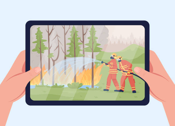 Extinguishing wildfire on tablet flat color vector illustration Extinguishing wildfire on tablet flat color vector illustration. Firefighters on emergency situation in forest. Looking at gadget screen 2D cartoon first view hand with natural disaster on background wildfire smoke stock illustrations