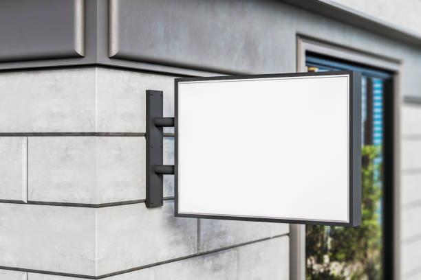 istock Empty white square stopper on concrete tile wall. Restaurant advertisement and banner concept. Mock up, 3D Rendering. 1353767932