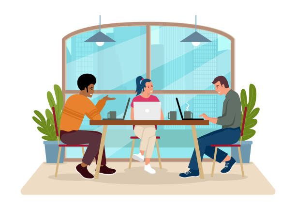 Group of young millennials in casual wear working together in cozy place Simple flat vector illustration of a group of young millennials in casual wear working together in cozy place meeting at cafe stock illustrations