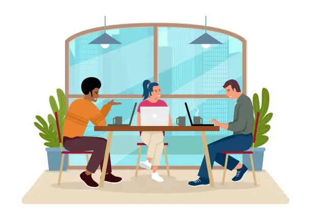 Vector illustration of Group of young millennials in casual wear working together in cozy place
