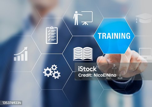 istock Training and skill development concept with icons of online course, conference, seminar, webinar, e-learning, coaching. Grow knowledge and abilities. 1353769234