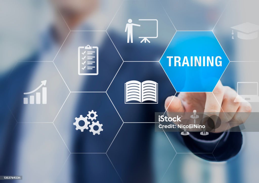 Training and skill development concept with icons of online course, conference, seminar, webinar, e-learning, coaching. Grow knowledge and abilities. Education Training Class Stock Photo