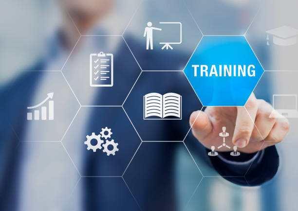 training and skill development concept with icons of online course, conference, seminar, webinar, e-learning, coaching. grow knowledge and abilities. - train stok fotoğraflar ve resimler