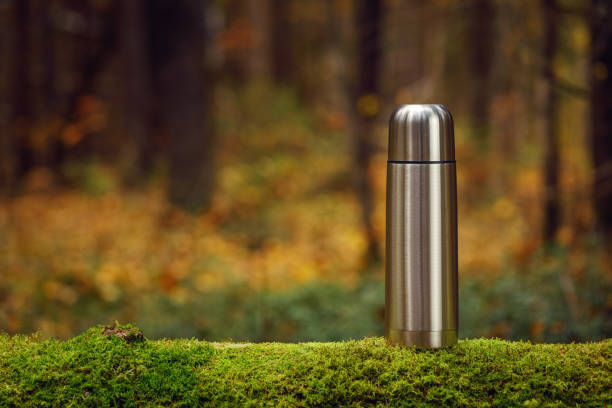 Steel thermos with delicious hot tea on an old mossy tree in focus. stock photo
