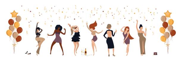 ilustrações de stock, clip art, desenhos animados e ícones de happy young women dancing at party - personal accessory balloon beauty birthday
