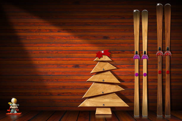 esquí vintage y un árbol de navidad dentro de un refugio de montaña - ski old wood pair fotografías e imágenes de stock